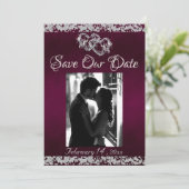 Foto, Zilveren Harten & Glitters - Paars Save The Date (Staand voorkant)