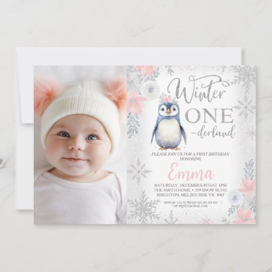 Foto Zilveren Pinguïn Winter Onederland Verjaardag Kaart (Voorkant)