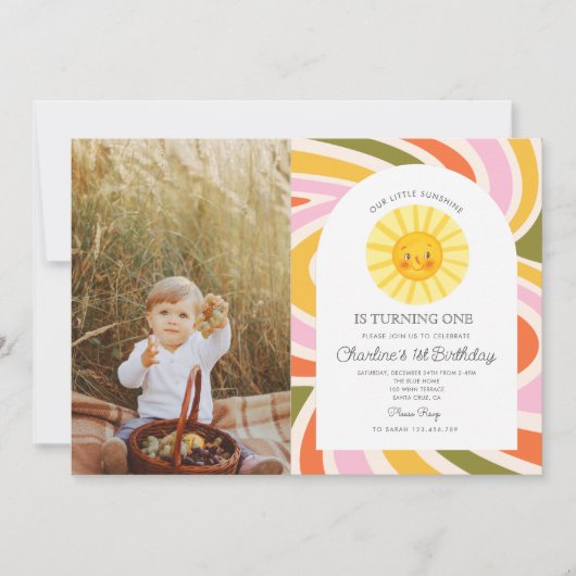 Foto Zon Regenboog Retro Boho Wavy 1e Verjaardag Kaart (Voorkant)