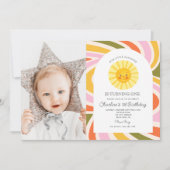 Foto Zon Regenboog Retro Boho Wavy 1e Verjaardag Kaart (Voorkant)