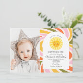 Foto Zon Regenboog Retro Boho Wavy 1e Verjaardag Kaart (Staand voorkant)