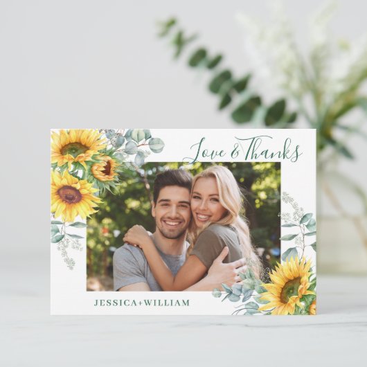 FOTO Zonnebloemen Eucalyptus Wedding Rustisch Bedankkaart (Staand voorkant)