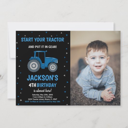 Foto Zwart Blauw Tractor Verjaardag Uitnodigingen (Voorkant)