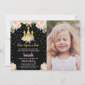 Foto Zwart Bloemen Glitter Prinses Verjaardag Kaart (Voorkant)