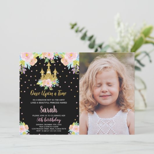 Foto Zwart Bloemen Glitter Prinses Verjaardag Kaart (Staand voorkant)