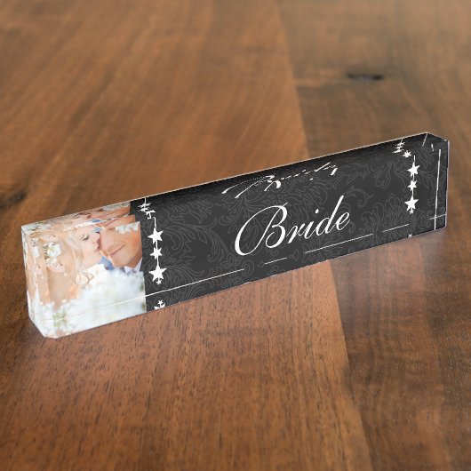 Foto Zwart Damask Bruid Liefde Vogel Bruiloft Naambordje (Zijkant)