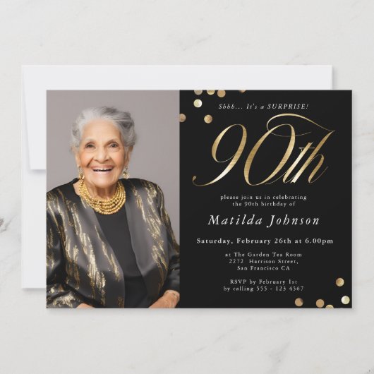 Foto Zwart en Goud 90e Verjaardag Verrassingsfeest Kaart (Voorkant)