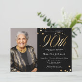 Foto Zwart en Goud 90e Verjaardag Verrassingsfeest Kaart (Staand voorkant)