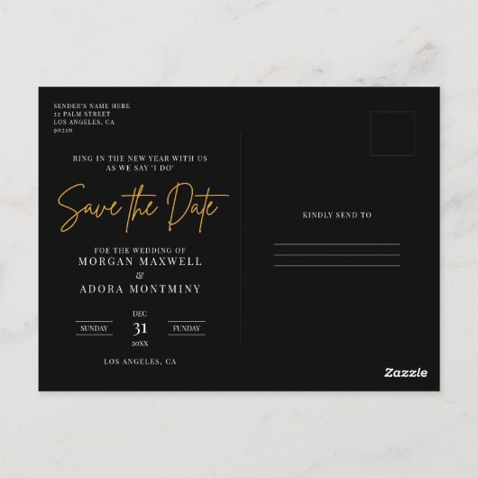 Foto Zwart en Goud Bruiloft Save the Date Briefkaart (Achterkant)