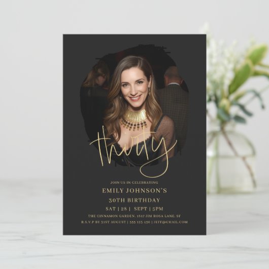 Foto Zwart en Goud Script 30e verjaardag Kaart (Staand voorkant)