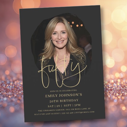 Foto Zwart en Goud Script 50e verjaardag Kaart