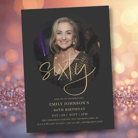 Foto Zwart en Goud Script 60e verjaardag Kaart