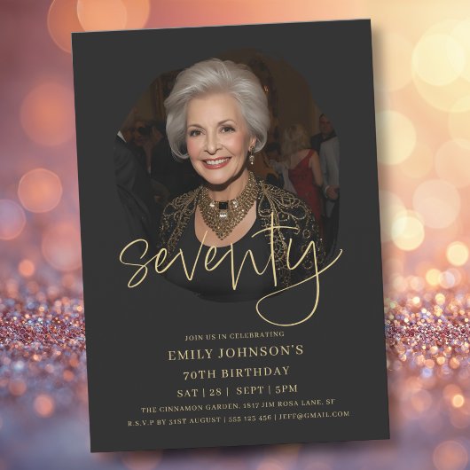 Foto Zwart en Goud Script 70e verjaardag Kaart