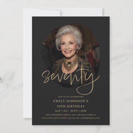 Foto Zwart en Goud Script 70e verjaardag Kaart (Voorkant)