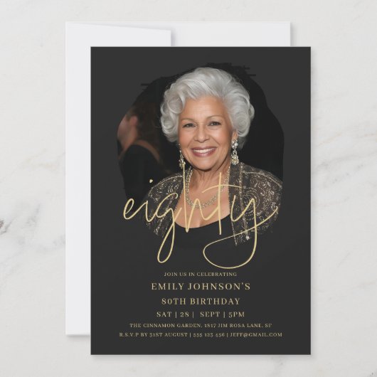 Foto Zwart en Goud Script 80e verjaardag Kaart (Voorkant)
