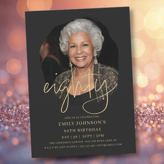 Foto Zwart en Goud Script 80e verjaardag Kaart