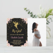 Foto Zwart Fairy Floral Baby Douche Uitnodigingen (Staand voorkant)