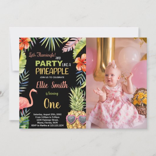 Foto Zwart Flamingo & Ananas Verjaardag Kaart (Voorkant)