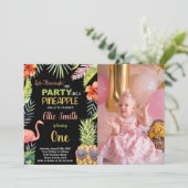 Foto Zwart Flamingo & Ananas Verjaardag Kaart (Staand voorkant)