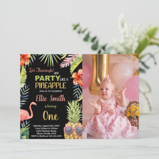Foto Zwart Flamingo & Ananas Verjaardag Kaart (Staand voorkant)