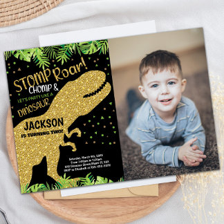 Foto Zwart Glitter Dinosaurus Verjaardag Uitnodigi Kaart