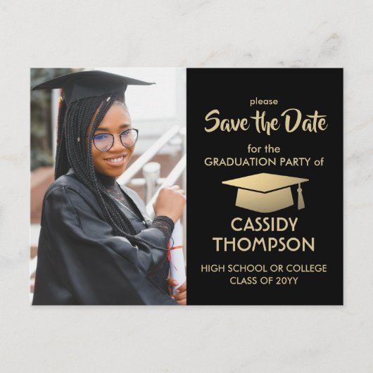 Foto zwart & Gold modern Afstuderen Bespaar de dat Briefkaart (Voorkant)