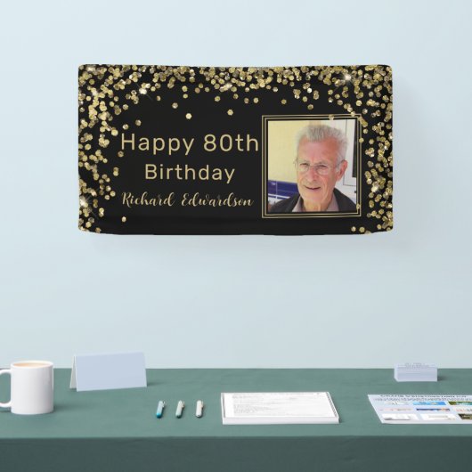 Foto Zwart Goud 80e Verjaardag Gepersonaliseerd Spandoek (Beurs)