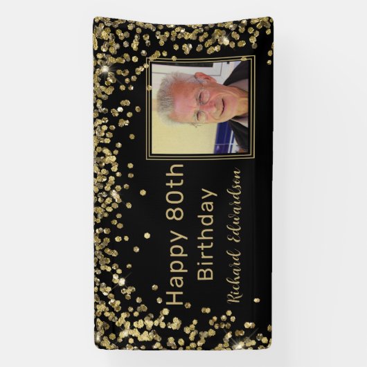 Foto Zwart Goud 80e Verjaardag Gepersonaliseerd Spandoek (Verticaal)