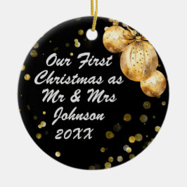 Foto Zwart Goud Eerste Kerstmis Mr Mrs. Keramisch Ornament