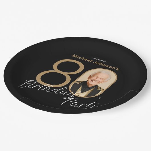 Foto Zwart Goud Elegant Custom 80th Birthday Papieren Bordje (Gekanteld)