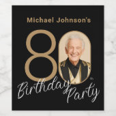 Foto Zwart Goud Elegant Custom 80th Birthday Wijn Etiket (Enkel label)