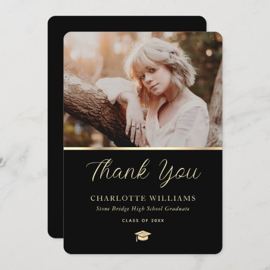 Foto Zwart Goud Elegant Modern Afstuderen Bedankkaart (Voorkant / Achterkant)