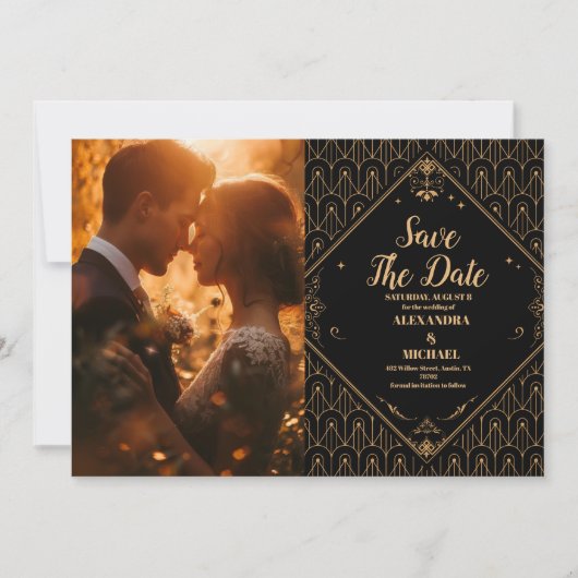 Foto Zwart Goud Geometrische Art Deco bruiloft Save The Date (Voorkant)