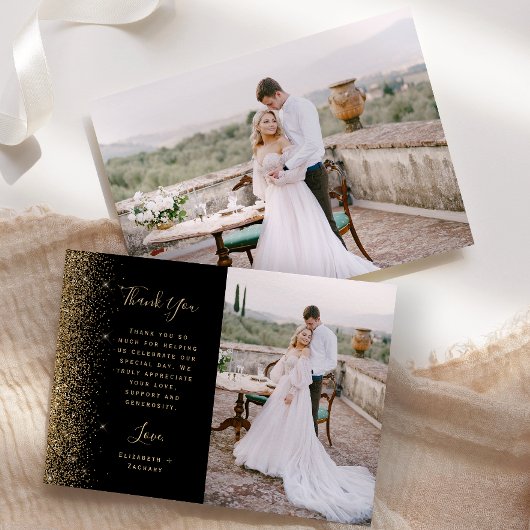 Foto Zwart Goud Glitter Script Wedding Bedankkaart