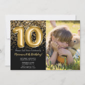 Foto Zwart Goud Kinder Meisje 10e Verjaardagsfeest Kaart (Voorkant)