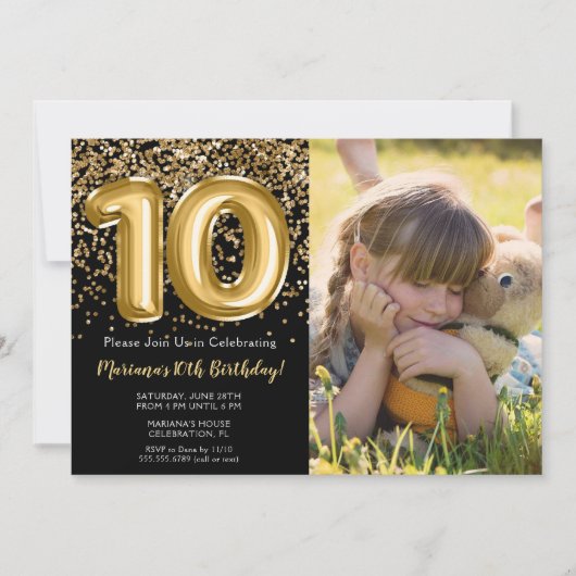 Foto Zwart Goud Kinder Meisje 10e Verjaardagsfeest Kaart (Voorkant)