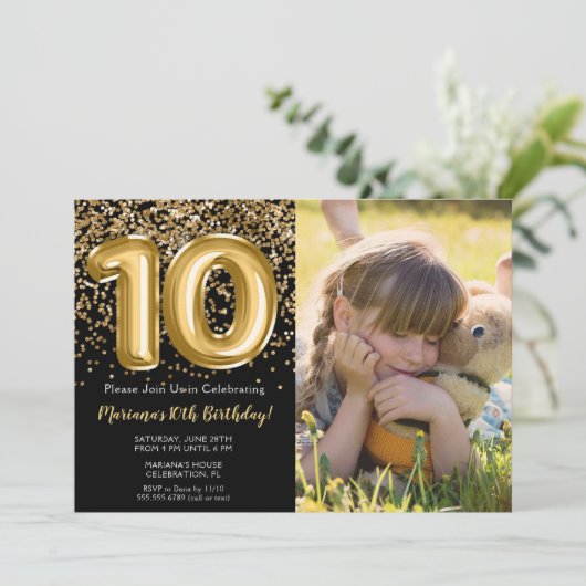 Foto Zwart Goud Kinder Meisje 10e Verjaardagsfeest Kaart (Staand voorkant)