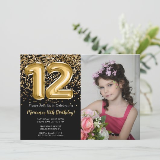 Foto Zwart Goud Kinder Meisje 12e Verjaardagsfeest Kaart (Staand voorkant)
