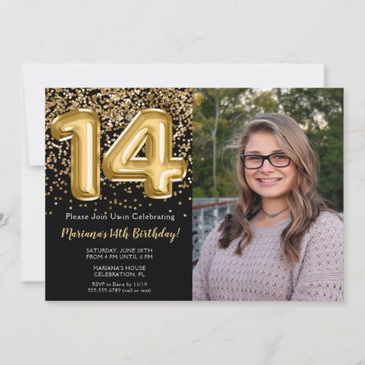 Foto Zwart Goud Kinder Meisje 14e Verjaardagsfeest Kaart (Voorkant)