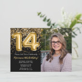 Foto Zwart Goud Kinder Meisje 14e Verjaardagsfeest Kaart (Staand voorkant)