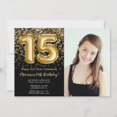 Foto Zwart Goud Kinder Meisje 15e Verjaardagsfeest Kaart (Voorkant)