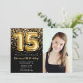 Foto Zwart Goud Kinder Meisje 15e Verjaardagsfeest Kaart (Staand voorkant)