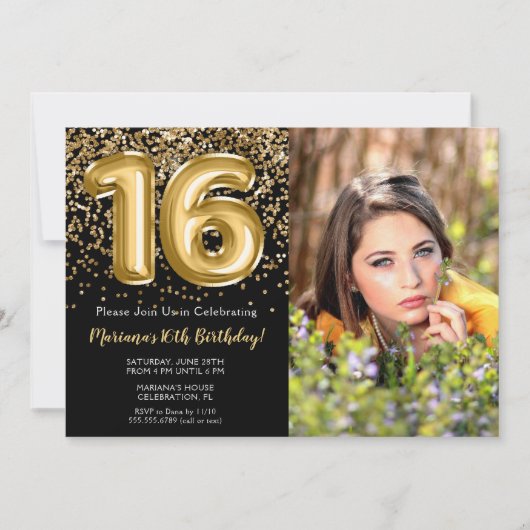 Foto Zwart Goud Kinder Meisje 16e Verjaardagsfeest Kaart (Voorkant)