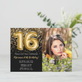 Foto Zwart Goud Kinder Meisje 16e Verjaardagsfeest Kaart (Staand voorkant)