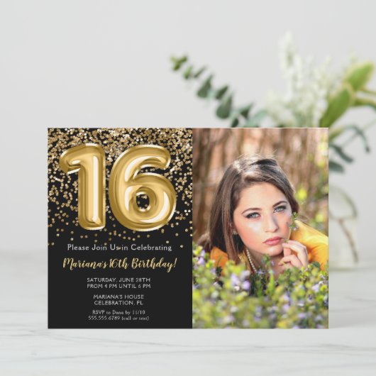 Foto Zwart Goud Kinder Meisje 16e Verjaardagsfeest Kaart (Staand voorkant)