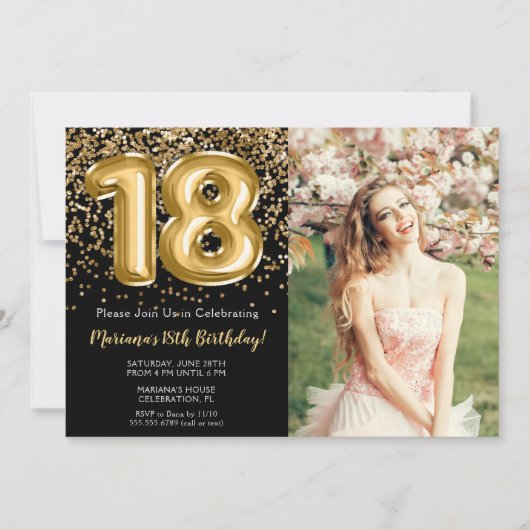 Foto Zwart Goud Kinder Meisje 18e Verjaardagsfeest Kaart (Voorkant)