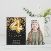 Foto Zwart Goud Kinder Meisje 4e Verjaardagsfeestj Kaart (Staand voorkant)