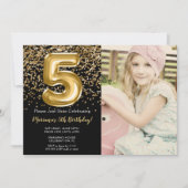 Foto Zwart Goud Kinder Meisje 5e Verjaardagsfeestj Kaart (Voorkant)