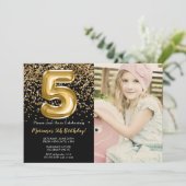 Foto Zwart Goud Kinder Meisje 5e Verjaardagsfeestj Kaart (Staand voorkant)