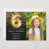 Foto Zwart Goud Kinder Meisje 6e Verjaardagsfeestj Kaart (Voorkant)